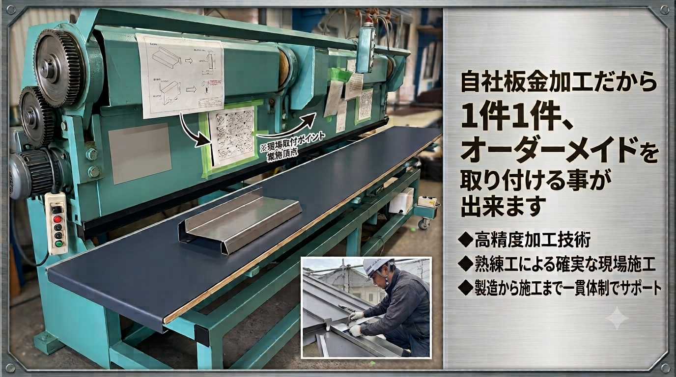 有限会社ゴトウ建装 自社倉庫の大型曲板機による板金加工風景